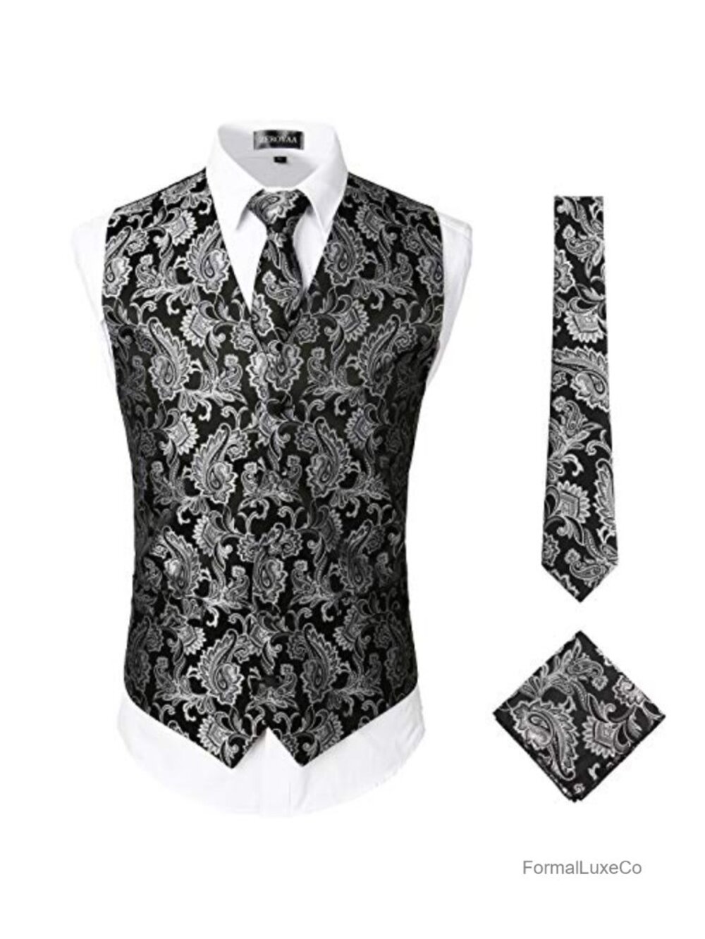 Mens 3pc Jacquard Paisley Vest Set Neck Tie Handkerchief Formal Business